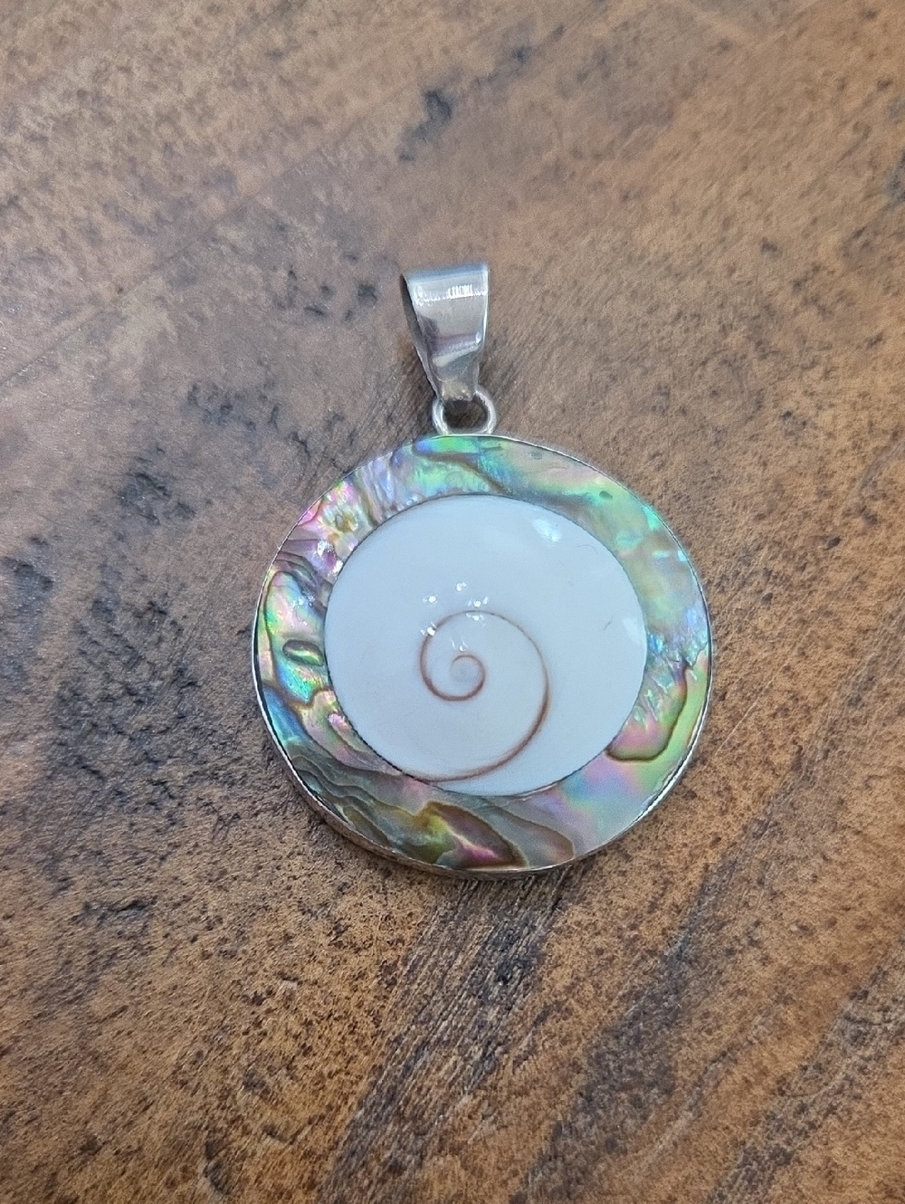 Silver Shell Spiral Pendant with Abalone Inlay - White and Iridescent